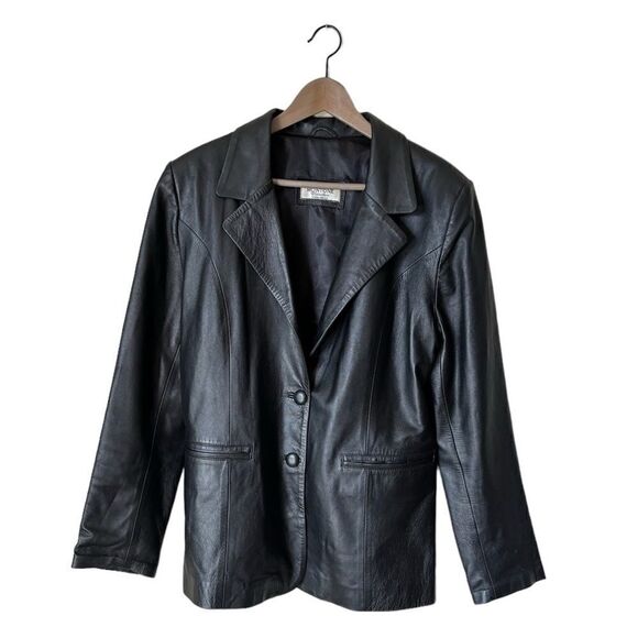 Montone Collection Vera Pelle Leather Black Shirt Blazer Jacket Size L - Picture 1 of 9